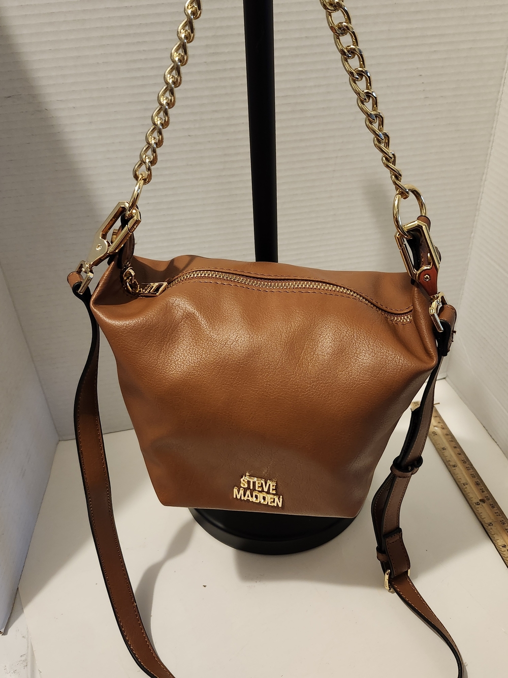 Steve Madden Cognac Leather Shoulder Bag with Gold Chain